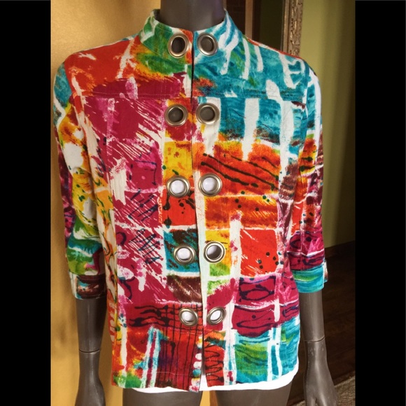 Parsley and Sage Multi color jacket hook and eye closure 3/4”sleeve. 2 pockets - Picture 1 of 7